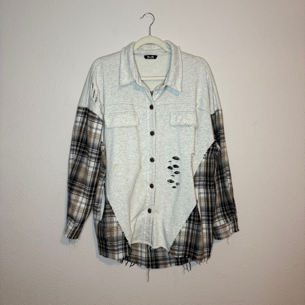 Miss Me Oversized Plaid Patchwork Button-Up Shirt - image 1